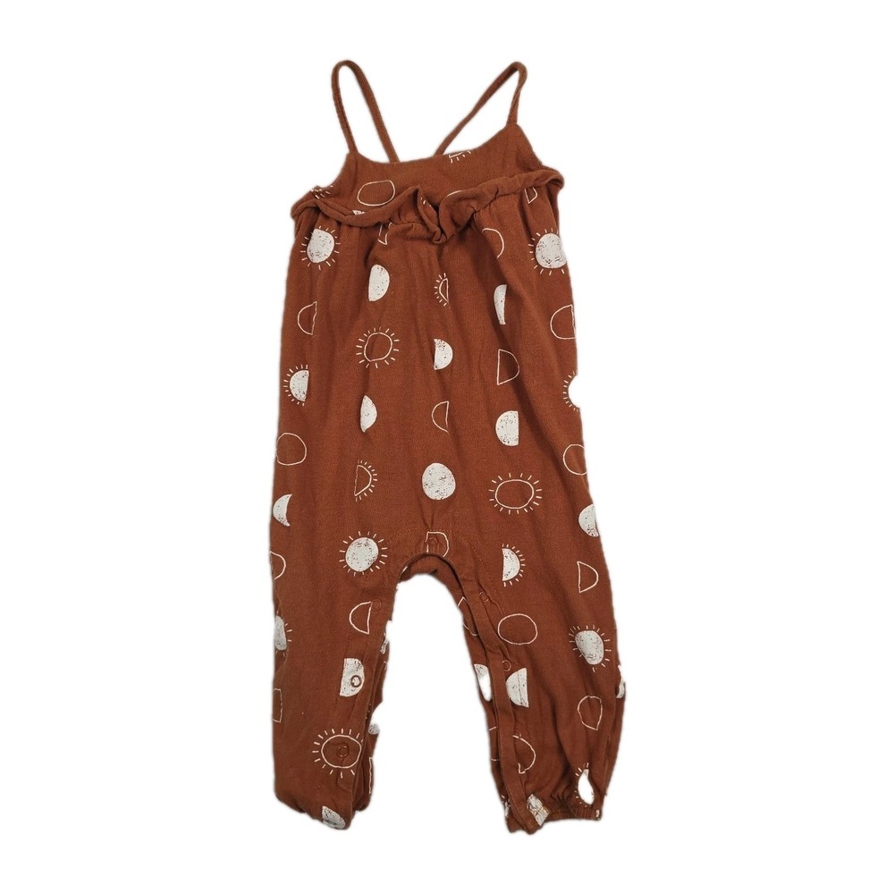 Le Top Bebe 12M Rust Brown Celestial Sun Moon Ruffle Spaghetti Strap Jumpsuit